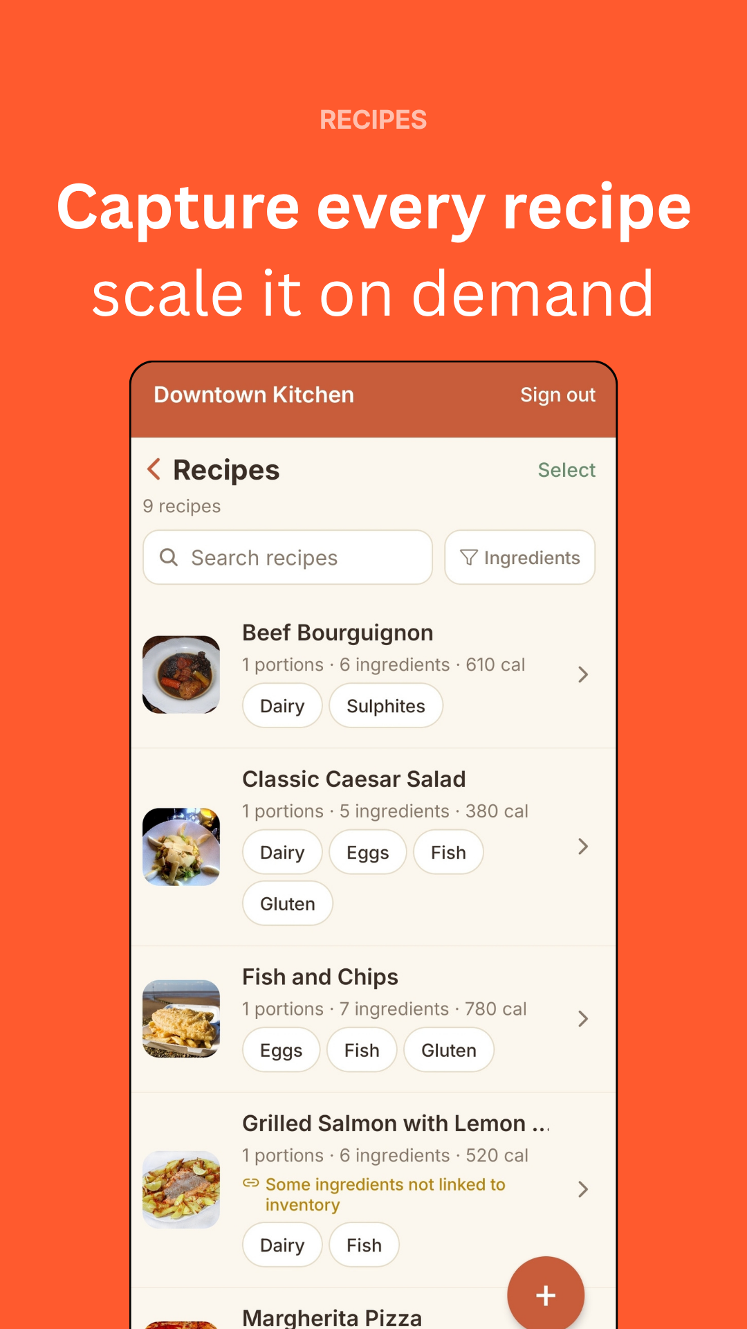 Helix Kitchens recipe list showing ingredients linked to inventory and allergen tags